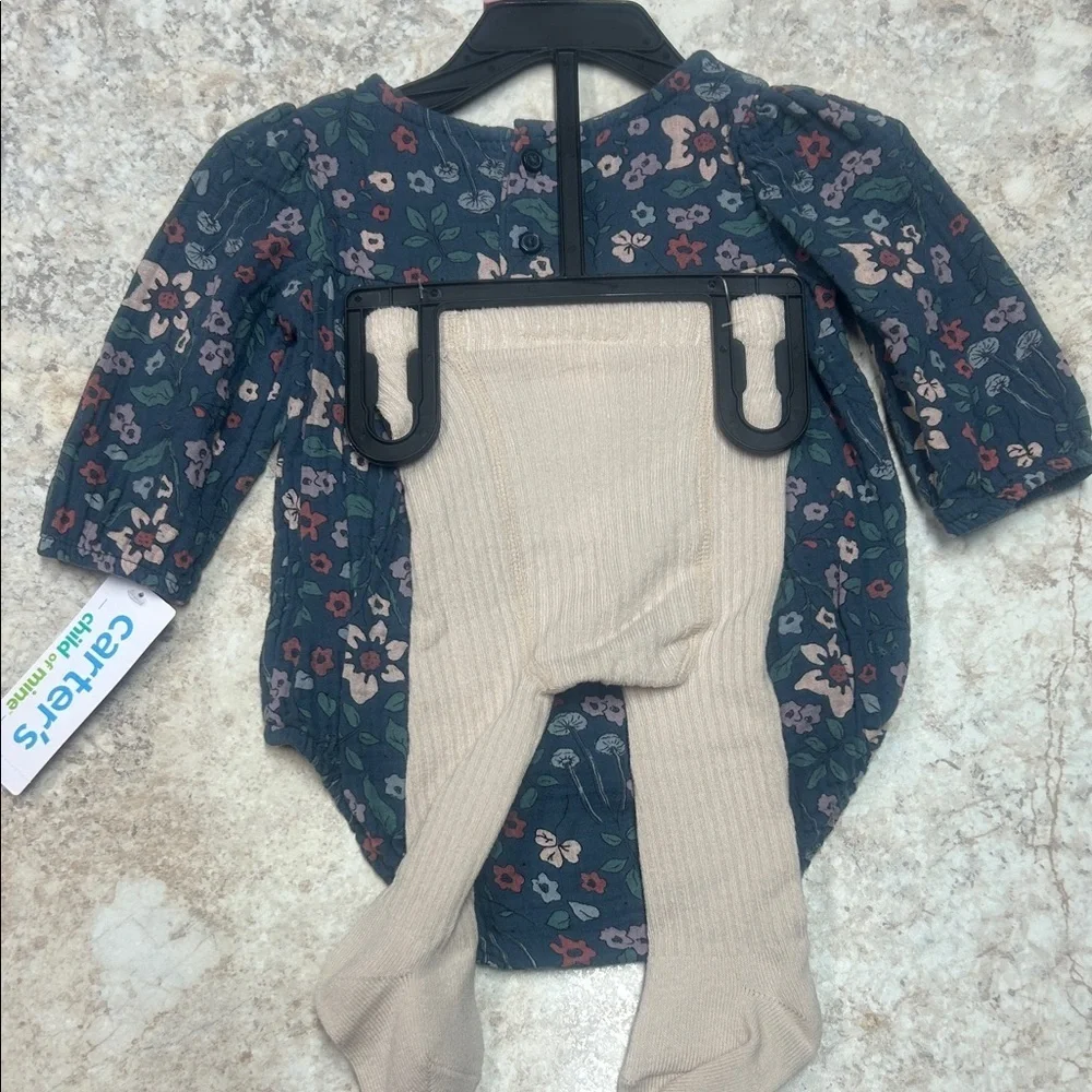 Carter's Navy Floral Baby Bodysuit with Beige footed leggings